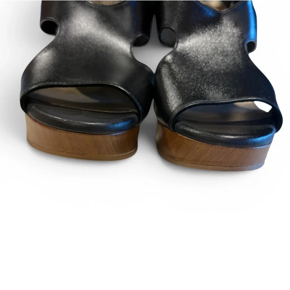 American Eagle Women's Size 8 Black Platform Wedge Sandals Wood Grain Heel